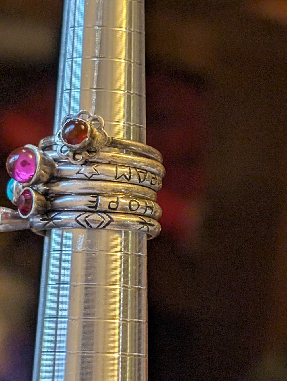 Stackable Silver Rings Set (6)with Turquoise and Red Stones - Picture 10 of 15
